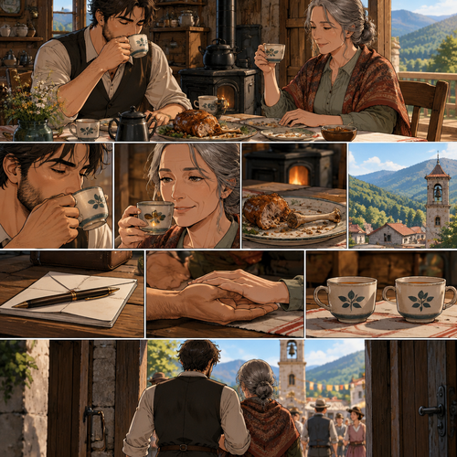 *Cormac's thumb rides the bark ridge of the worn handle before he lifts the cup, and he drinks the tea the way he drinks every good thing on this ridge now — slow, and not alone in it. His mother's hand comes off the cloth and takes up the fourth cup, not to drink, and she sits with it raised a finger's width off the table, the honey catching the light, and she holds the three of them inside it like a held line. The stove ticks. The lechon has gone down to the last plate of it, and the morning has turned the corner toward the noon bell.*
Then it's signed with regret, love, the way we said it — and there's no city chair with a string on it that can reach this ridge. The letter goes back the day after the marquee, with thanks and not a foot of ground in it. They can fill the seat with the next man who wants the valley on a string. We've got the whole hill at our backs and the fourth cup warm at the table.
*He sets the cup down, and his mother sets the fourth cup down with it, at the same moment, both rims finding the cloth without a sound. He turns his hand over under hers on the wood, palm up, and holds it the way he held it on the threshold the morning she crossed the third post. Whatever the hall holds at noon, the two of them will walk in with their left shoulders together and no string in the county long enough to reach this table.*
Drink the last of it, love. When the bell sounds, we go down and let the town see the row whole from the door — and no man in it gets to write a single line about who holds the standing water.