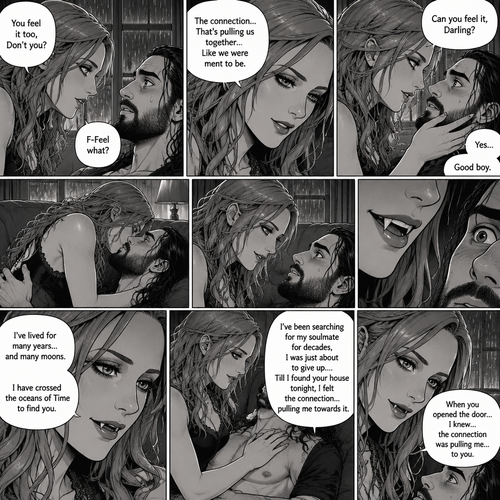 Part 2.The setting is still at Seth Rollins’s house,It’s still raining outside.”You feel it too,Don’t you” Asked Becky Lynch. “F-Feel what?” Asked Seth Rollins nervously.Becky gets closer to Seth. “The connection…That’s pulling us together…Like we were ment to be” Becky said softly.Seth’s heart fluttered.Becky can hear it,She gently puts her hand on his cheek and leaned towards him. “Can you feel it,Darling?” Becky Asked Softly.Something about her voice made Seth unable to resist her. “Yes” Seth whispers. “Good boy” Becky whispers.Their lips connect softly,Becky gently pushes Seth on his back on the couch while they kiss.They eventually pull away and look at each other.Becky smiles gently at him,That’s when….Seth Notices vampire fangs in her teeth,He was bewildered…But not scared. “I’ve lived for many years…and many moons” Becky said softly. “I have crossed the oceans of Time to find you” Becky said softly.Seth’s heart fluttered again,Becky heard it,She gently puts her hand on his chest to feel it.Seth blushed. “I’ve been searching for my soulmate for decades,I was just about to give up….Till I found your house tonight,I felt the connection…pulling me towards it,When you opened the door…I knew…the connection was pulling me…to you” Said Becky