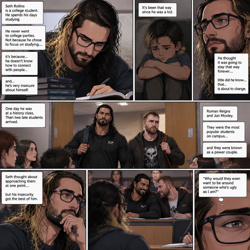 Seth Rollins is a college student. He spends his days studying,He never went to college parties. Not because he chose to focus on studying….it’s because…he doesn’t know how to connect with people…and…he’s very insecure about himself. It’s been that way since he was a kid. He thought it was going to stay that way forever….little did he know….that…is about to change. One day he was at a history class,Then two late students arrived. Roman Reigns (The college football player) and Jon Moxley (The bad boy on campus). They were the most popular students on campus and they were known as a power couple. Seth thought about approaching them at one point….but his insecurity got the best of him. “Why would they even want to be around someone who’s ugly as I am?” Seth thought to himself