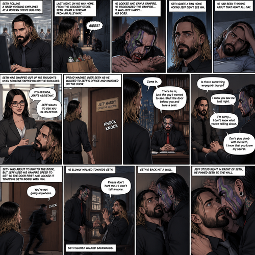 Seth Rollins was working at an office building,last night,on his way home from the grocery store he heard a scream from an alleyway,He looked and saw a Vampire,He recognized the vampire…it was Jeff Hardy…his boss,Seth quietly ran home hoping Jeff didn’t see him,He had been thinking about that night all day,He was snapped out of his thoughts when someone tapped him on the shoulder,It was Jessica Jeff’s assistant,she told him that Jeff wanted to see him in his office,Dread washed over Seth’s face,He walked to Jeff’s office and knocked on the door’”Come in” said Jeff,Seth opened the door,”There he is,just the guy I wanted to see,shut the door behind you and take a seat” said Jeff,Seth closed behind him and took a seat. (And now part 2). “Is there something wrong Mr.Hardy?” Seth asked nervously. Jeff looked at Seth with a serious expression. “I know you saw me last night” said Jeff. Seth had a fearful expression on his face but tried to keep it cool. “I’m sorry…I don’t know what you’re talking about” said Seth. “Don’t play dumb with me Seth,I know that you know my secret” said Jeff. Seth’s heart was pounding. Seth was about to run to the door,But Jeff used his vampire speed to get to the door first and locked it trapping Seth inside with him. “You’re not going anywhere” Said Jeff. He slowly walked towards Seth. Seth slowly walked backwards. “Please don’t hurt me,I-I won’t tell anyone” Seth pleaded. Seth’s back hit a wall. Jeff stood right in front of Seth,He pinned Seth to the wall
