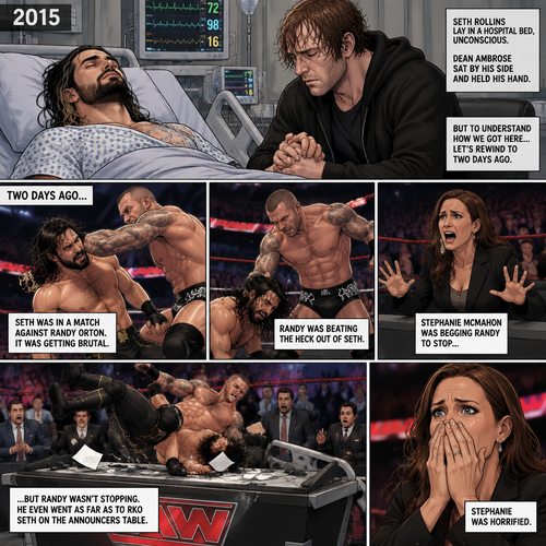 It’s the year 2015,We’re in a hospital. Seth Rollins was lying in a hospital bed unconscious. Dean Ambrose was sitting by his side and holding his hand. (What happened to Seth you ask? Well…let’s rewind to two days ago). Seth was in a match against Randy Orton. It was getting brutal. Randy was beating the heck out of Seth. Stephanie McMahon was begging Randy to stop…but Randy wasn’t stopping. He even went as far as to Rko Seth on the announcers table. Stephanie was horrified