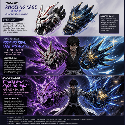 A zanpocto with Shikai and bankai releases.base form of zonpocto is gauntlets one the left looks like vasto lord mask the right looks like a star dragons head. Give me different pictures for each release and explain the ability's.