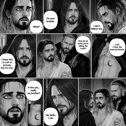 (Recap) Seth Rollins (The vampire hunter turned Bride of the vampire king) was looking at himself in the mirror reeling in the fact that he’s getting married to the vampire king next week,his heart knows that,Then he saw a mysterious figure (Aj Styles) who was standing right behind him in the reflection,Jon Moxley (The vampire king) was handling the wedding preparations,then he heard a loud crash and Seth yelling “LET ME GO!!!” In the bedroom,he used his vampire speed to rush to the bedroom,The mysterious figure tries to drag Seth out the window,Seth struggles,Jon arrives just in time and attacks the mysterious figure,after that he rushes to Seth to see if he’s ok,the mysterious figure slowly gets up,Jon is about to attack,Then the mysterious figure spoke “Wait!”,”Seth…please listen to me,Seth was confused by how the man knew his name,The mysterious figure takes off his hood and drops a bombshell “My name is Aj…I’m your brother Seth,Jon and Seth were shocked by what he said. (And now part 7). Seth was stunned. “What?” Seth asked. “I’m your brother” said Aj. Seth shook his head a little. “I don’t believe you” Said Seth. “I know this is a lot to process,but it’s true” said Aj. Jon gently pulled Seth to his side. “How do we know you’re telling the truth?” Jon asked cautiously. Aj shows his birthmark,It’s the shape of a crescent moon…just like Seth’s. Seth was stunned,All this time….he thought he was the only one with that birthmark. “A-Are you…really..my brother?” Seth asked. “Yes Seth…I am” said Aj