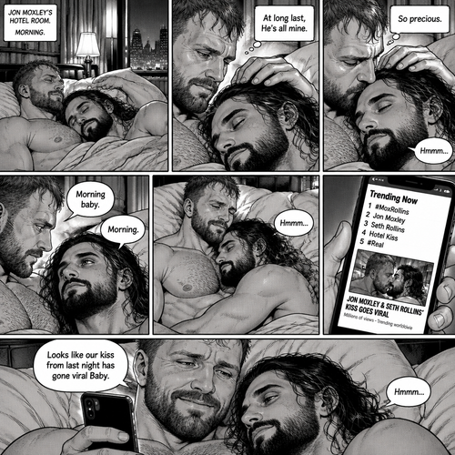 (Part 3). Still in Jon Moxley’s hotel room. Jon Moxley and Seth Rollins were asleep after last night’s activity. Jon slowly woke up,he looked down at Seth who was still asleep. Jon smiled,then he gently stroked Seth’s head. “At long last,He’s all mine” Jon thought to himself. He gently kissed Seth’s forehead. Seth hummed softly in his sleep. “So precious” Jon thought to himself. Seth slowly woke up. “Morning baby” Jon said softly. “Morning” Seth said softly. Jon gently pulled Seth closer to him. Jon picked up his phone. That kiss with Seth from last night went viral. Jon looked at Seth and smiled. “Looks like our kiss from last night has gone viral Baby” Jon said Softly. Seth hummed softly