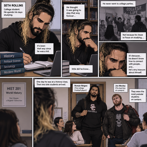 Seth Rollins is a college student. He spends his days studying,He never went to college parties. Not because he chose to focus on studying…..it’s because…he doesn’t know how to connect with people…and…He’s very insecure about himself. It’s been that way since he was a kid. He thought it was going to stay that way forever…little did he know….that….is about to change. One day he was at a history class,Then two late students arrived. Roman Reigns (The college Football player) and Jon Moxley (The bad boy on campus). They were the most popular students on campus