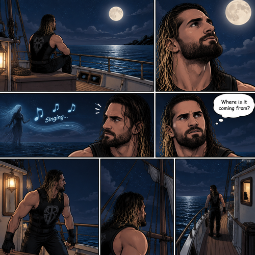 Seth Rollins was alone on a boat at night,He looked at the moon. Then….he heard…singing,he tried looking for the source. “Where is it coming from?” Seth asked himself