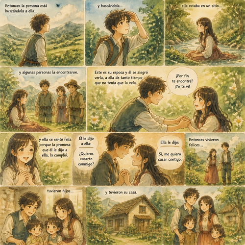 Entonces la persona está buscándola a ella y buscándola ella estaba en un en un en un sitio y algunas personas la encontraron este es su esposa y él se alegró verla a ella de tanto tiempo que no tenía que la veía y le dije pues fin te encontré yo te vi y ella se sentó feliz porque la promesa que él le dijo a ella la cumplió como cumplió la promesa. Ella le dijo si me quiero casar contigo entonces vivieron felices tuvieron hijos y tuvieron su
casa