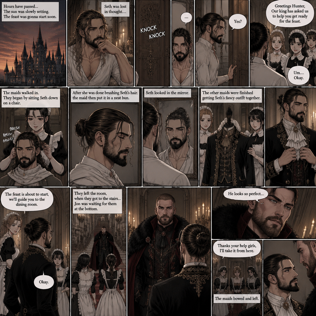 (Recap) Seth Rollins (The vampire hunter) woke up in a Royal bedroom,He finds a note on a nightstand that says “My little hunter,If you are reading this that means you’re awake,I had go out to do my royal duties,In case you’re wondering where you are,you’re in my castle completely safe,I bet you’re wondering why I took you here,I will explain everything soon,There’s going to be a royal feast tonight where I will announce who my bride is,I wish for you to be there,See you tonight my dear, Love Jon”,Then he walked to a mirror and gently traced the bite mark on his neck and wondered what the vampire king (Jon Moxley) wanted with him. (And now part 3). Hours have passed,the sun was slowly setting,The feast was gonna start soon. Seth was lost in thought,Then there was a knock on the door. He got up and opened it,The palace maids were there. “Greetings Hunter,Our king has asked us to help you get ready for the feast” said one of the maids. “Um….Okay” Said Seth. The maids walked in,They began by sitting Seth down on a chair,One of them grabbed a hairbrush and brushed his hair while the other maids went to get a fancy outfit together. After she was done brushing Seth’s hair the maid then put it in a neat bun. Seth looked in the mirror. The other maids were finished Getting Seth’s fancy outfit together. Seth puts it on. “The feast is about to start,we’ll guide you to the dining room” said one of the maids. They left the room,when they got to the stairs…Jon was waiting for them at the bottom. He looked at Seth. “He looks so perfect” Jon said in his mind. He looked at the maids. “Thanks your help girls,I’ll take it from here” Jon said to the maids. The maids bowed and left