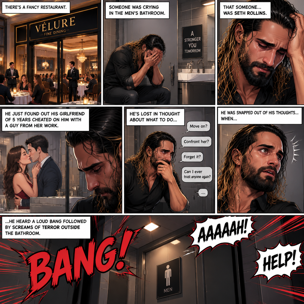 There’s a fancy restaurant,Someone was crying in the men’s bathroom,That someone…was Seth Rollins. He just found out his girlfriend of 5 years cheated on him with a guy from her work. He’s lost in thought about what to do,He was snapped out of his thoughts…when….he heard a loud bang followed by screams of terror outside the bathroom