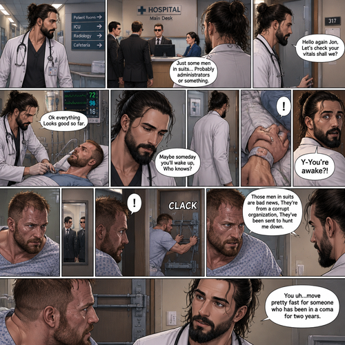 Seth Rollins is a Doctor. He had been looking after a patient (Jon Moxley) who had been in a coma for two years. One day he was walking to Jon’s room,Then he saw men in suits at the front desk. He thought nothing of it and kept walking. He entered Jon’s room. “Hello again Jon,Let’s check your vitals shall we?” Said Seth. He checks Jon’s vitals. “Ok everything Looks good so far” said Seth. He looked at Jon’s face. “Maybe someday you’ll wake up,Who knows?” Said Seth. He got up to leave the room….But a hand grabbed a hold of his wrist. Seth gasped. It was Jon,He’s wide awake and Looking at Seth. “Y-You’re awake” Said Seth. Then Jon carefully got up,Looked out the door and noticed the men in suits. His eyes widened and he shut the door and locked it. “What are you doing?” Seth asked. Jon spoke for the first time since the coma “Those men in suits are bad news,They’re from a corrupt organization,They’ve been sent to hunt me down”. Seth Fell silent,Processing what Jon just said. Jon moved quickly to barricade the door. “You uh…move pretty fast for someone who has been in a coma for two years” said Seth