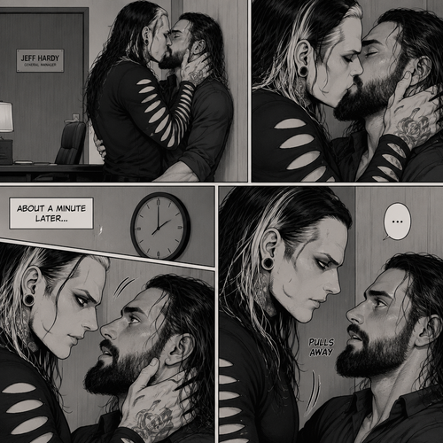 (Part 4 of the Vampire x human story). Still in Jeff Hardy’s office. Jeff was still Kissing Seth Rollins against the wall. After about a minute,Jeff pulled away