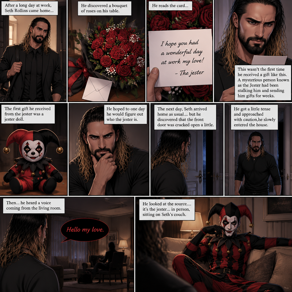 Seth Rollins came home after a long day,He discovered a bouquet of roses on his table. He reads the card,it says “I hope you had a wonderful day at work my love!-The jester”. This wasn’t the first time he received a gift like this. A mysterious person known as the Jester had been stalking him and sending him gifts for weeks. He was never able to figure who this person is. The first gift he received from the jester was a jester doll,He hoped to one day he would figure out who the jester is. The next day,Seth arrived home as usual….but he discovered that the front door was cracked open a little. He got a little tense and approached with caution,he slowly entered the house. Then…he heard a voice coming from the living room “Hello my love”. He looked at the source….it’s the jester…in person,sitting on Seth’s couch