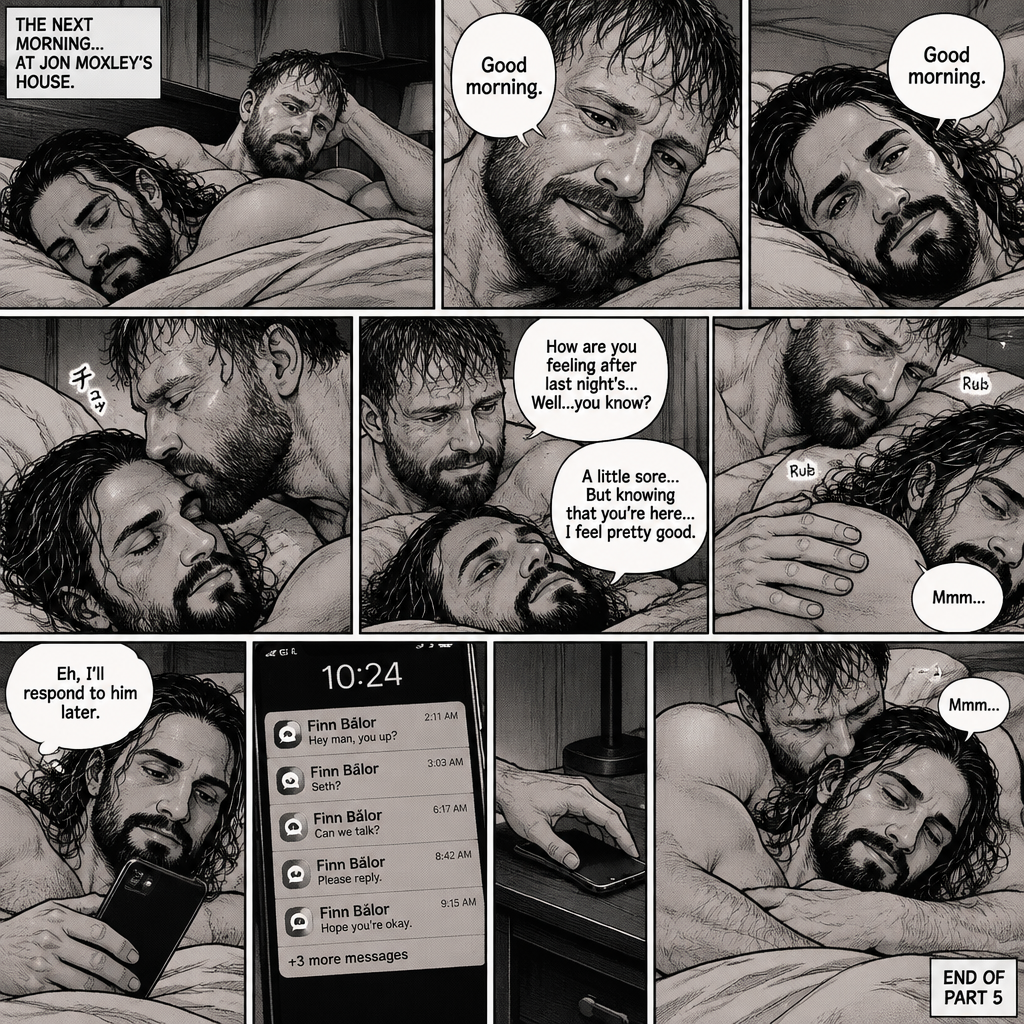 (Part 5). Still at Jon Moxley’s house. The next morning,Seth Rollins was asleep in Jon’s bed after last night’s activity. After a while Seth woke up,Jon was awake Before Seth was. “Good morning” Jon said softy. “Good morning” Seth Said Softly. Jon gently kissed Seth’s forehead. “How are you feeling after last night’s…Well..you know?” Jon asked. “A little sore…But knowing that you’re here..I feel pretty good” Seth said Softly. Jon gently rubbed Seth’s back. Seth hummed softly. Jon smiled softly. Seth picked up his phone and noticed he had unanswered Text messages,most of them were from Finn Bálor. Seth just shrugged and said “Eh,I’ll respond to him later”. He puts his phone back on the nightstand. Jon wrapped his arms around him. He kissed the back of Seth’s shoulder. Seth hummed softly. (End of part 5)