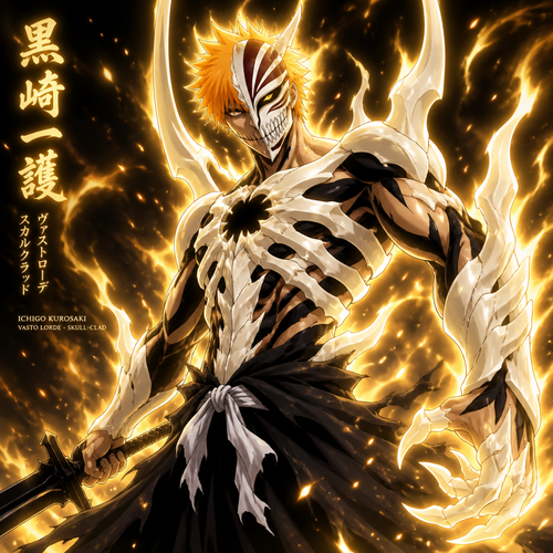  ichigo Vasto lord form with Skull-Clad: granting him power that envelops his body in golden Reiatsu and skull-like armor.