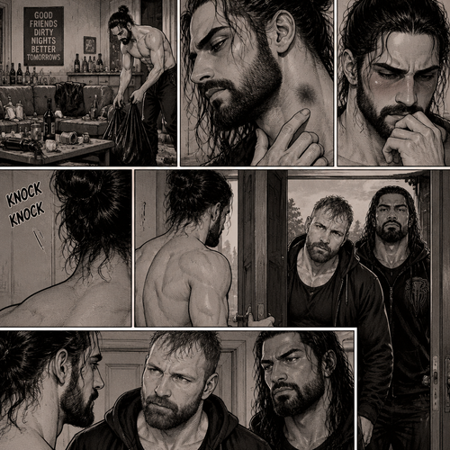 (Part 2) Seth Rollins was cleaning up the mess after last night’s party in his house. His fingers traced on one of the hickeys on his neck. The memory of last night’s party…and Jon Moxley Fresh in his mind. Seth blushed a little,Then there was a knock on the door. Seth walked to the door and answered it,It was Jon and Roman Reigns