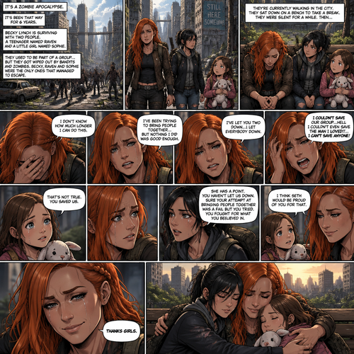 It’s a zombie apocalypse,It’s been that way for 6 years,Becky lynch is surviving with two people,A teenager named Raven and a little girl named Sophie. They used to be part of a group…but they got wiped out by Bandits and Zombies,Becky,Raven and Sophie were the only ones that managed to escape. They’re currently walking in the city. They sat down on a bench to take a break. They were silent for a while. Then…Becky started to cry. Raven and Sophie were concerned. “I don’t know how much longer I can do this” Said Becky. “I’ve been trying to bring people together…but nothing I did was good enough” Becky continued. “I’ve let you two down…I let everybody down” Becky continued. “I couldn’t save our group…hell i couldn’t even save the man I loved!!…I can’t save anyone!” Becky continued. Becky continued to cry. Raven and Sophie were sad to see Becky like this. “That’s not true” said Sophie. “You saved US” Sophie continued. Becky looked at Sophie. “She has a point” said Raven. Becky looked at Raven. “You haven’t let us down,Sure your attempt at bringing people together was a fail but you tried,You fought for what you believed in” Raven continued. “I think Seth would be proud of you for that” said Sophie. Becky smiled softly. “Thanks girls” said Becky. They all hug each other. (End of part 1)