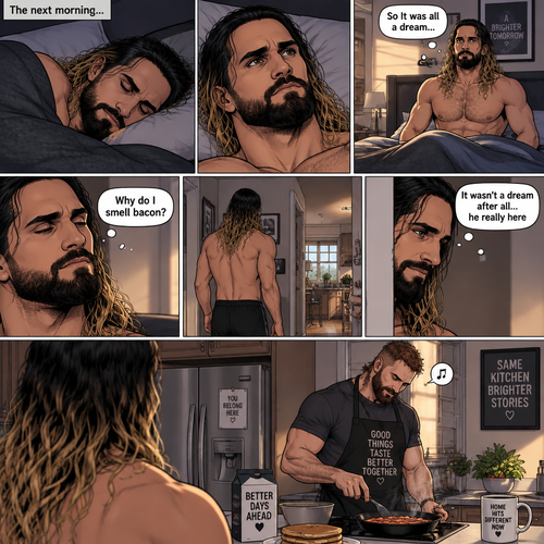 (Recap). Seth Rollins was asleep in his bed after finding out Jon Moxley A.K.A the joker had escaped the asylum on a news report,then he was woken up by a noise coming from downstairs,He grabbed a bat and walked downstairs,when He got downstairs…he noticed…one of the windows in the living room was open,He got spooked,He ran to his home phone to call the police,but before he picked up the phone….someone grabbed him from behind,“Help!” Seth yelled,The person covered Seth’s mouth,Then he whispered in Seth’s ear “shh,it’s just me baby,it’s just me”,Seth recognized the voice….It was Jon Moxley,He removed his hand from Seth’s mouth,He wrapped his arms around Seth,“I missed you so much baby” Jon said Softly,Seth dropped the bat,Then tears rolled down his face,He wrapped his arms around Jon tightly while tears were still pouring down his face as if he were afraid that Jon was gonna be taken away from him again,Jon Gently rubbed Seth’s back,“Oh baby,my poor baby,It’s ok,I’m right here,I’m not leaving you,not ever again” Jon said softly. (And now part 3). The next morning,Seth was asleep in his bed. He slowly woke up. He looked at his surroundings…Jon wasn’t there. “So It was all a dream” Said Seth. He sighed,then…he smelled something. “Why do I smell bacon?” Seth asked himself. He got up and followed the smell to the kitchen,Then…he sees Jon making breakfast while humming a tune. Seth smiled. “It wasn’t a dream after all…he really here” Seth said in his mind