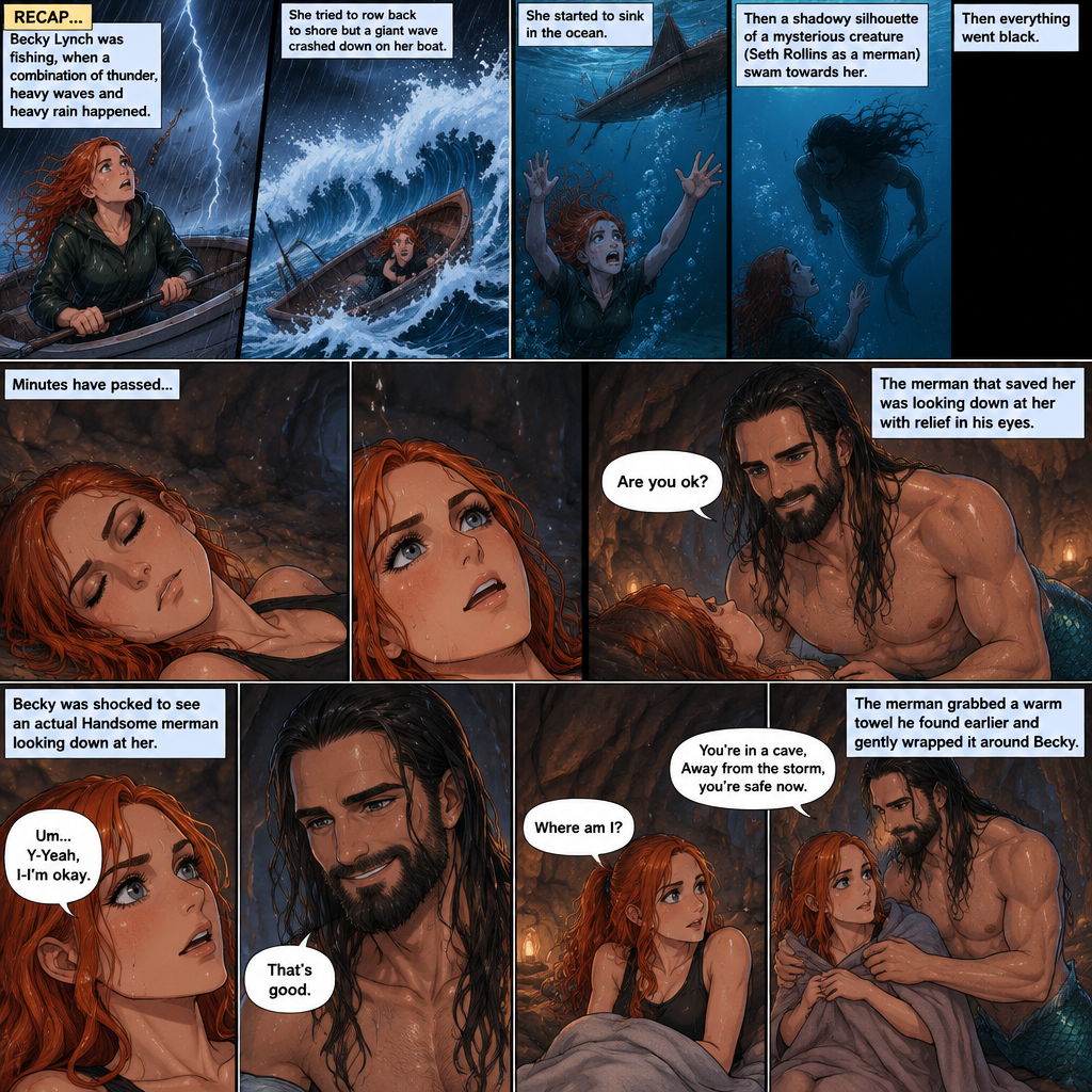 (Recap) Becky lynch was fishing,then a combination of thunder,Heavy waves and heavy rain happened,She tried to row back to shore but a giant wave crashed down on her boat,she started to sink in the ocean,then a shadowy silhouette of a mysterious creature (Seth Rollins as a merman) swam towards her,Then everything went black. (And now onto part 2). Minutes have passed,Becky slowly regained consciousness,The merman that saved her was looking down at her with relief in his eyes. “Are you ok?” Asked the merman. Becky was shocked to see an actual Handsome merman looking down at her. “Um…Y-Yeah,I-I’m okay” said Becky. The merman smiled. “That’s good” said the merman. Becky slowly sits up. “Where am I?” Asked Becky. “You’re in a cave,Away from the storm,you’re safe now” the merman said. The merman grabbed a warm towel he found earlier and gently wrapped it around Becky