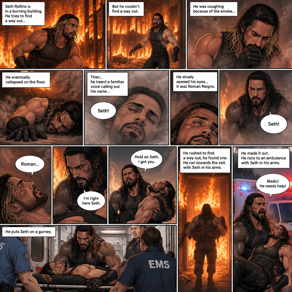Seth Rollins is in a burning building,He tries to find a way out,he couldn’t find a way out. He was coughing because of the smoke,He eventually collapsed on the floor. Then…he heard a familiar voice calling out his name,he slowly opened his eyes…it was Roman Reigns. He weakly called out Roman’s name. Roman rushed towards Seth. “I’m right here Seth” Said Roman. He lifted Seth in his arms. “Hold on Seth,I got you” Roman said to Seth. He rushed to find a way out,he found one. He ran towards the exit with Seth in his arms,He made it out. He runs to an ambulance with Seth in his arms. “Medic! He needs help!” Roman yelled. He puts Seth on a gurney