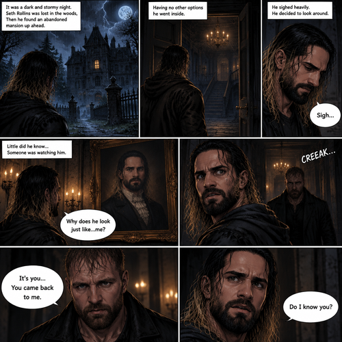 It was a dark and stormy night.Seth Rollins was lost in the woods,Then he found an abandoned mansion up ahead.Having no other options he went inside.He sighed heavily.He decided to look around,Little did he know…Someone was watching him in the darkness.He kept looking around,Then he noticed a painting of a man on the wall,He couldn’t help but notice…that the man in the painting…looked just like…him. “Why does he look just like…me?” Seth asked himself.Then…He heard the floor creak behind him,He turned around,A man (Jon Moxley) was standing right there.The man Looked at the painting and then he looked at Seth…..as if he….recognized him. “It’s you…You came back to me” The man said softly to Seth.Seth was confused. “Do I know you?” Seth asked