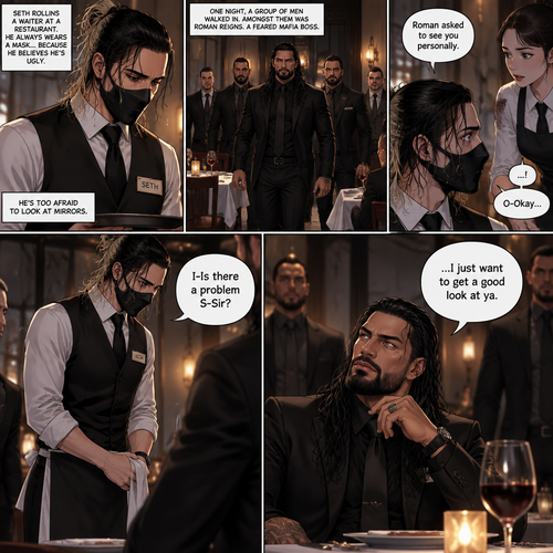(Recap) Seth Rollins is a waiter at a restaurant,He’s wearing a mask that covers his face because all his life he’s been told he was ugly,He believed it,He’s also too afraid to look at mirrors,One night he was working as usual,then a group of men walked in amongst them was Roman Reigns (Feared mafia Boss) and took a seat,One of the waitresses told Seth that Roman asked to see him personally,Seth was nervous. (And now part 2). Seth nervously walked over to Roman’s table. “I-Is there a problem S-Sir?” Seth asked nervously. “…I just want to get a good look at ya” said Roman