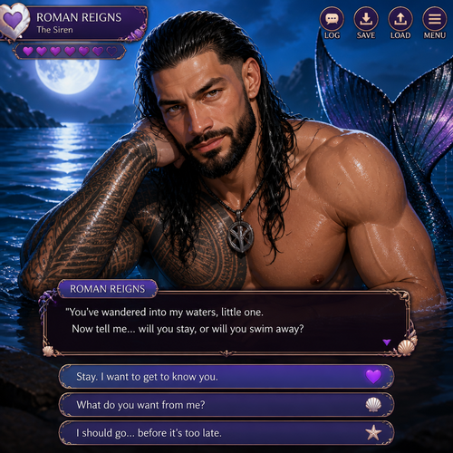 WWE superstar Roman Reigns as a siren in a dating sim game