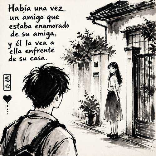 Había una vez un amigo que estaba enamorado de su amiga, y él la vea a ella enfrente de su casa