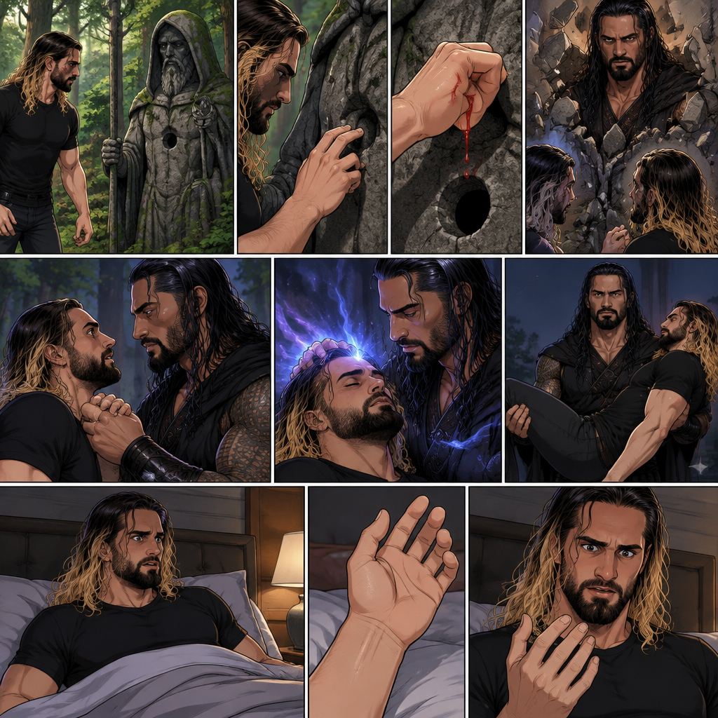 (Recap) Seth Rollins Was walking in the forest near his house,he discovered a statue of a sorcerer (Roman Reigns),he finds a hole on it,then he accidentally cuts his hand,A little bit of his blood dripped in the hole,then it broke apart…revealing the sorcerer himself,Seth was shocked,the sorcerer grabbed Seth’s wrist and pulled him closer,He looked at Seth’s eyes,then he used a spell to make Seth sleep,then he lifted Seth in his arms. (And now part 2). Seth was asleep on his bed,then he woke up. He sat up confused. He looked at his hand…the cut was gone