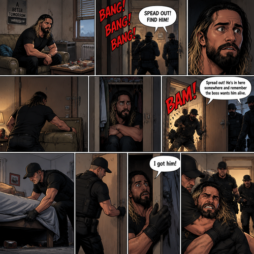 Seth Rollins was living in a run down apartment,Then he heard loud banging from the lobby,Then he heard a man shouting. “SPEAD OUT! FIND HIM!” Said the voice.Seth got spooked,He barricaded the door and hid in his closet.There were sounds of doors being kicked outside,Then the sounds of footsteps approached Seth’s apartment door,The door was kicked open. “Spread out! He’s in here somewhere and remember the boss wants him alive” said a voice. They looked around the apartment.Seth keeps quiet.One of them looked in Seth’s room,He looked under the bed,Then….He walked to the closet.Seth’s heart was beating loudly.The man…opened the door,Spotted Seth and grabbed him before Seth could do anything. “I got him!” Said the man.Seth Struggled.The others walked in the bedroom