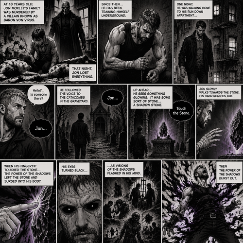 Jon Moxley as a vigilante born from tragedy. When he was 18 years old his family was murdered by a villain known as Baron Von Virus. Since then he had been training himself underground. One night he was walking home to his run down apartment…then he heard a mysterious voice call out his name. “Hello?…Is someone there?” Jon asked. It called out his name again. He followed the voice to the catacombs in the graveyard. Up ahead…He sees something glowing. It was some sort of stone…a shadow stone. Then the voice repeats “Touch the Stone”. Jon slowly walks towards the stone,His hand reaches out. When his fingertip touched the stone…the power of the shadows left the stone and surged into His body. His eyes turned black as visions of the shadows flashed in his mind. Then the power of the shadows burst out