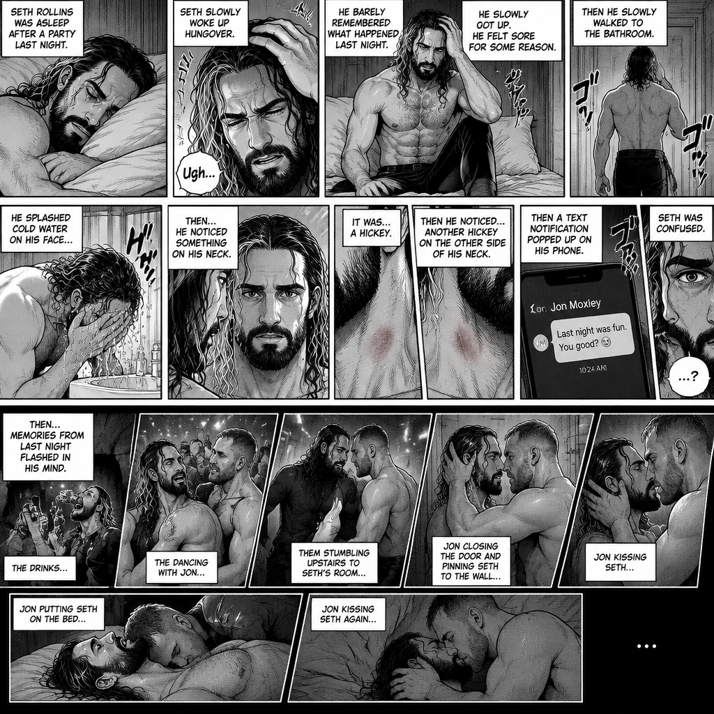 Seth Rollins was asleep after a party last night. Seth slowly woke up hungover,He barely remembered what happened last night. He slowly got up,He felt sore for some reason,Then he slowly walked to the bathroom. He splashed cold water on his face…then…he noticed something on his neck,It was…a hickey. Then he noticed…another hickey on the other side of his neck. Then a text notification popped up on his phone,It was Jon Moxley. Seth was confused,Then…memories from last night flashed in his mind. The drinks,The dancing with Jon,Them stumbling upstairs to Seth’s room,Jon closing the door and pinning Seth to the wall,Jon kissing Seth,Jon putting Seth on the bed,Jon kissing Seth again