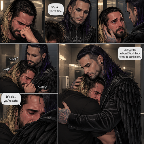 (Recap) Seth Rollins was crying in the men’s bathroom of a fancy restaurant because his girlfriend of 5 years cheated on him,then Dark angel royal guards burst in the restaurant lead by Jeff Hardy (The dark angel king),Seth locked himself in the bathroom,one of the guards banged on the door,Seth had flashbacks of his childhood and his abusive father,Seth had a panic attack,Jeff stopped the guard and told him to leave,He convinced Seth to let him in,He slowly approached him,Seth’s body tenses like he expected to get hit,Jeff gently put his hand on Seth’s cheek. (And now part 2). Seth was still crying. “It’s ok,you’re safe” Jeff said softly. He gently pulled Seth into his embrace. Seth coughed while he cried. Jeff gently rubbed Seth’s back to try to soothe him