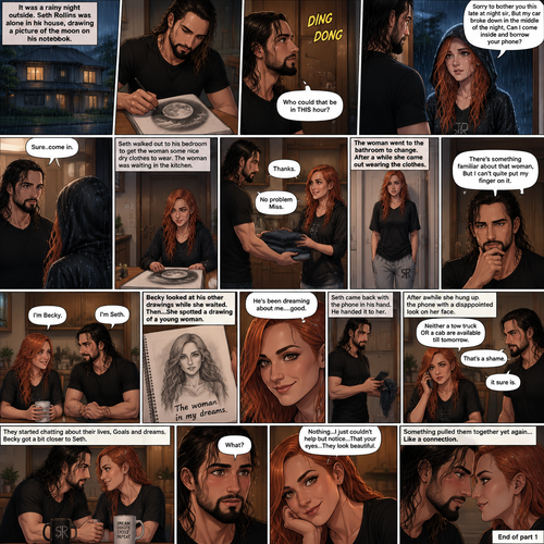 It was a rainy night outside,Seth Rollins was alone in his house,He drawing a picture of the moon on his notebook.Then the doorbell rang. “Who could that be in THIS hour?” Seth  asked himself. He got up and opened the door,A young Irish woman (Becky Lynch) was standing outside on his porch soaking wet from the rain wearing a hood. “Sorry to bother you this late at night sir,But my car broke down in the middle of the night,Can I come inside and borrow your phone?” Asked the woman.Seth looked at the woman,There was this…aura about her that he couldn’t quite explain.He decided to let her in. “Sure..come in” said Seth.The woman walked in and Seth shut the door.He walked out to his bedroom to get the woman some nice dry clothes to wear,The woman was waiting in the kitchen,She noticed the drawing on the table.She smiled.Seth came back and handed her the clothes. “Thanks” said the Woman. “No problem Miss” Said Seth.The woman went to the bathroom to change. “There’s something familiar about that woman,But I can’t quite put my finger on it” Seth said to himself.After a while she came out wearing the clothes.She sat down at the table with him.”I’m Becky” Said Becky. “I’m Seth” Said Seth.There was something between them,Pulling them together.”I’ll uh…go get you the phone” Seth said nervously .He gets up to get the phone from the living room.Becky looked at his other drawings while she waited,Then…She spotted a drawing of a young woman.The drawing was called “The woman in my dreams”.That woman….was Becky herself.She simply smiled to herself. “He’s been dreaming about me….good” Becky said to herself.Seth came back with the phone in his hand,He handed it to her.Becky used the phone to call a tow truck company and then a cab.After awhile she hung up the phone with a disappointed look on her face. “Neither a tow truck OR a cab are available till tomorrow” Said Becky.Seth had a sympathetic look on his face. “That’s a shame” Said Seth. “it sure is” Said Becky.They started chatting about their lives,Goals and dreams.Becky got a bit closer to Seth. “What?” Asked Seth “Nothing…I just couldn’t help but notice…That your eyes…They look beautiful” Said Becky.Seth blushed a little.Something pulled them together yet again…Like a connection.End of part 1