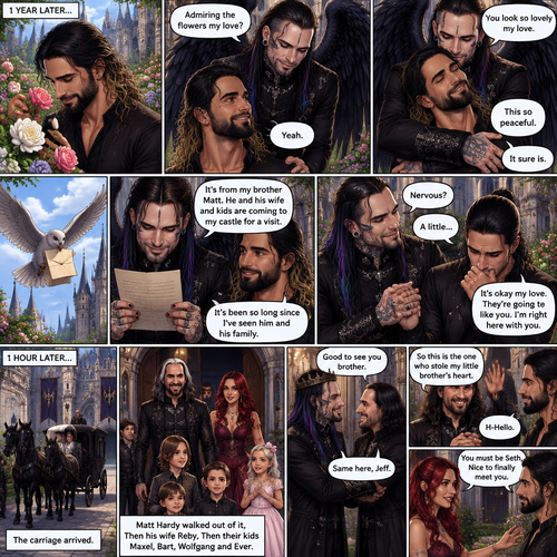 (Part 4 of the dark angel X human story). 1 year had passed,Jeff Hardy (The dark angel king) and Seth Rollins are more closer than ever. Seth had been living in the palace with Jeff. One day Seth was in the garden. Jeff walked behind him. “Admiring the flowers my love?” Jeff asked. Seth smiled softly. “Yeah” Seth said softly. Jeff gently pulled Seth in his embrace. “You look so lovely my love” Jeff said softly. Seth hummed softly. “This so peaceful” Seth said softly. “It sure is” Jeff said softly. Then a messenger bird flew in with a letter. Jeff gently picked up the letter and opened it,It was from his brother Matt saying that he and his wife and kids are coming to Jeff’s castle for a visit. Seth looked at the letter too. Jeff smiled,it had been so long since he’s seen his brother and his family. 1 hour later,Jeff was anticipating their arrival and Seth was completely nervous. Seeing that Seth was nervous Jeff gently held his hand and reassured him. Then the carriage arrived. Matt Hardy walked out of it,Then his wife Reby,Then their kids Maxel,Bart,Wolfgang and Ever. Jeff greeted them. Matt looked at Seth and said “So this is the one who stole my little brother’s heart”. Seth waved nervously and said hello. “You must be Seth,Nice to finally meet you” Said Reby
