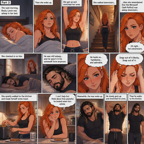 (Part 3 of the werewolf x human story) The next morning,Becky Lynch was asleep in her bed. Then she woke up. She got up and stretched her arms. She walked downstairs…then she remembered that the Werewolf (Seth Rollins) was asleep downstairs. She checked in on him. He was still asleep…and he wasn’t in his werewolf form anymore. She couldn’t help but look at him…and blush. “He looks so…handsome…and adorable” Becky said to herself. Then she shook her head. “Snap out of it Becky,Snap out of it” Becky said to herself. She quietly walked to the kitchen and made herself some toast. She couldn’t help but think about how peaceful he looked when he’s asleep. Meanwhile,The man woke up. He slowly gets up and stretched his arms,Then he walks to the kitchen