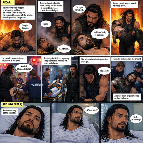(Recap) Seth Rollins was trapped in a burning building,he couldn’t find a way out,he coughed because of the smoke,he collapsed on the ground,then he heard a familiar voice calling out his name,He opened his eyes,it was Roman Reigns,Seth weakly called out Roman’s name,Roman Rushed over to Seth,”I’m right here Seth” said Roman,he lifted Seth in his arms,”Hold on Seth,I got you” Roman said to Seth”,Roman runs towards an exit,he made it out,He runs to an ambulance with Seth in his arms,”Medic! He needs help!” Roman yelled,he puts Seth on a gurney,the paramedics wheel Seth to an ambulance,the adrenaline that Roman had wore off,”Help….him” said Roman,then….he collapsed on the ground,another team of paramedics rushed to Roman. (And now part 2). Roman woke up at the hospital