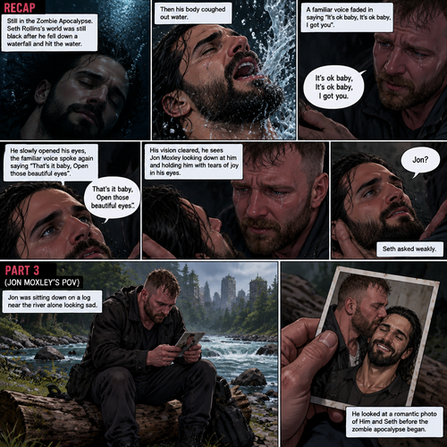 (Recap) Still in the Zombie Apocalypse. Seth Rollins’s world was still black after he fell down a waterfall and hit the water,The his body coughed out water,Then a familiar voice faded in saying “It’s ok baby,It’s ok baby,I got you”,he slowly opened his eyes,the familiar voice spoke again saying “That’s it baby,Open those beautiful eyes”,his vision cleared,he sees Jon Moxley looking down at him and holding him with tears of joy in his eyes,”Jon?” Seth asked weakly. (And now part 3) (This is Jon Moxley’s POV). Jon was sitting down on a log near the river alone looking sad. He looked at a romantic photo of Him and Seth before the zombie apocalypse began