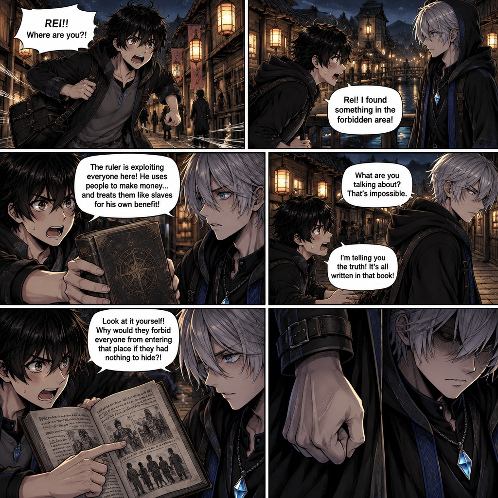 ABYSS — CHAPTER 1
Page 7 — The Truth
Panel 1 — Sora Returns in Panic
Sora runs through the village streets, breathing heavily, his black travel bag bouncing against his side. His messy jet-black hair is disheveled, his light-grey eyes wide with shock. He desperately searches for Rei among the lantern-lit streets.
Sora: “REI!! Where are you?!”
Panel 2 — He Finds Rei
Sora finally finds Rei standing near a wooden bridge. Rei has layered silver hair, cool blue-grey eyes, a black hooded cloak with subtle blue accents, dark clothing, and a blue crystal pendant hanging from a silver chain.
Sora rushes toward him, struggling to catch his breath.
Sora: “Rei! I found something in the forbidden area!”
Panel 3 — Sora Reveals the Truth
Sora grabs the book he discovered and holds it out toward Rei, his hands trembling.
Sora: “The ruler is exploiting everyone here! He uses people to make money… and treats them like slaves for his own benefit!”
Rei stares at Sora in disbelief.
Panel 4 — Rei Refuses to Believe It
Rei looks at the book but doesn’t take it. His expression is cold and doubtful.
Rei: “What are you talking about? That’s impossible.”
Sora: “I’m telling you the truth! It’s all written in that book!”
Rei turns away, unable to accept what Sora is saying.
Panel 5 — Sora Tries One Last Time
Sora opens the book and urgently points to the written records, looking straight at Rei.
Sora: “Look at it yourself! Why would they forbid everyone from entering that place if they had nothing to hide?!”
Rei pauses. His eyes shift toward the open book.
Panel 6 — The Final Panel: A Clenched Fist
Close-up of Rei’s hand slowly clenching into a tight fist beside his dark cloak. His fingers curl with growing anger. His blue crystal pendant catches the lantern light. His silver hair partially shadows his eyes, and his face is tense as the truth begins to sink in.
No dialogue. No narration. The entire final panel focuses on Rei’s clenched fist and the change in his expression.
