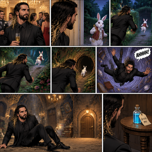 Seth Rollins was at a fancy party,Then he sees a white rabbit outside.It’s wearing a fancy vest and holding a pocket watch and it’s looking at him.Then it starts hopping away and Seth followed it.The rabbit kept hopping and Seth kept following,Until the rabbit jumped down the rabbit hole.Seth looked in the hole…Then he leaned in to far and started falling down the hole. “AHHHH!” Seth Yelled.He kept falling and falling,Till eventually he landed on the bottom.He looked at his surroundings,then he noticed a small door in front of him.He turned around and noticed a small table behind him,there’s a small potion on top of it and with a note attached to it that says “drink me”