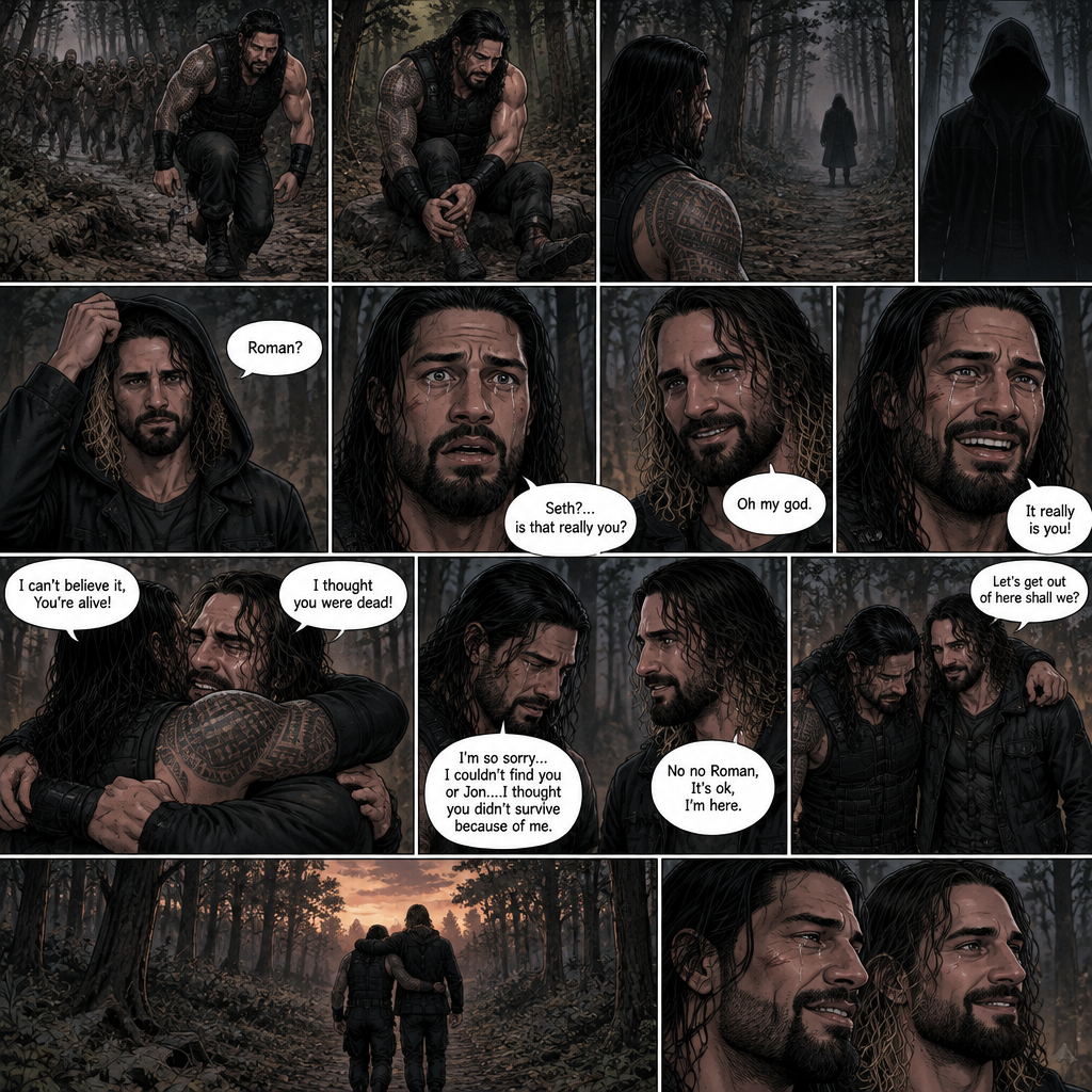 Roman Reigns is in a zombie apocalypse,He walking in the woods. He hurt his ankle while running away from a zombie horde. He’s far away from them and limping in the woods. The pain in his ankle was too much to ignore so he sat down on a rock,he sat there for a while….then….he heard distant footsteps. He looked behind him. There’s a hooded figure in the distance. He slowly stood up,he had his guard up. The hooded figure stopped walking. They were silent for a while. Then….the hooded figure took off his hood…it was….Seth Rollins. “Roman?” Said Seth. Roman’s eyes widened. “Seth?…is that really you?” Roman asked. Seth slowly smiled with joy. “Oh my god” Seth said softly. Roman slowly smiled and tears of joy welled up in his eyes. “It really is you!” Said Roman. Roman limped towards Seth while Seth runs towards Roman. They hugged each other and cried tears of joy. “I can’t believe it,You’re alive!” Seth Said through his tears. “I thought you were dead!” Roman said through his tears. After a while Roman and Seth looked at each other. “I’m so sorry…I couldn’t find you or Jon….I thought you didn’t survive because of me” said Roman. “No no Roman,It’s ok,I’m here” Seth said softly. Seth Wrapped Roman’s arm around his neck to help Roman walk. “Let’s get out of here shall we?” Said Seth. They began walking