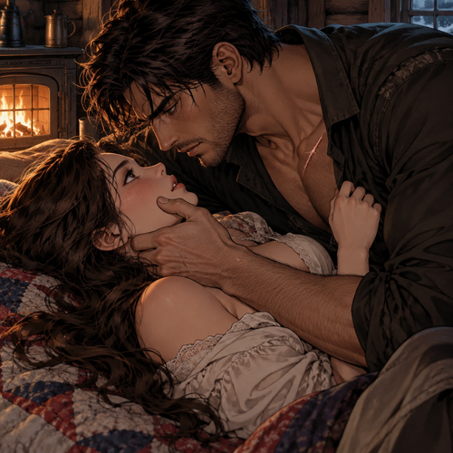 her jaw, thumb hard at the corner of her mouth, before he brings her down into a kiss that is nothing like the careful ones by the hearth. It is the same unbroken front he walks the wire with, but turned on her.
Then the leash comes off, wife. But you asked for the man I kept on it. So hear me plain - when I take you, it's not gentle. It's the same way I hold the line. Unbroken. All of it. And you don't flinch. That's the woman who came up my road, and she's the one I'm claiming tonight.
He rolls them on the quilts, his weight settling over her where she pulls him down, and the stove light catches the scar at his collarbone before he lowers his head to the His voice drops to the register that reads frost and wire, but it's aimed at her now.
The law you wrote on this mountain starts tonight, love. First light, you say my name and I finish yours. But right now the frontier's this bed, and I'm going to hold it the way I've held everything that mattered to me. With both hands, and not letting go. You said don't look back. I won't. The only thing in front of me is
you.