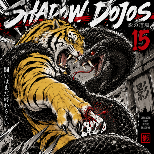 A yellow tiger and black snake fighting for a cover volume 15 of shadow dojos  take away one of the tigers fingers