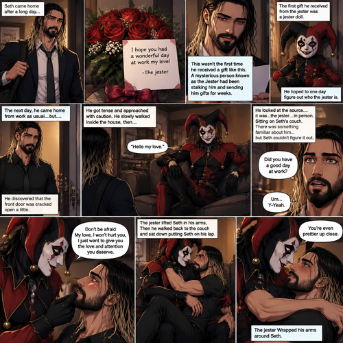Seth Rollins came home after a long day,He discovered a bouquet of roses on his table. He reads the card,it says “I hope you had a wonderful day at work my love!-The jester”. This wasn’t the first time he received a gift like this. A mysterious person known as the Jester had been stalking him and sending him gifts for weeks. He was never able to figure who this person is. The first gift he received from the jester was a jester doll. He hoped to one day figure out who the jester is. The next day,he came home from work as usual….but….he discovered that the front door was cracked open a little. He got tense and approached with caution. He slowly walked inside the house,then….he heard a voice coming from the living room “Hello my love”. He looked at the source….it was…the jester….in person,Sitting on Seth’s couch. There was something familiar about him…but Seth couldn’t figure it out. “Did you have a good day at work?” Asked the Jester. Seth was a little nervous. “Um…Y-Yeah” said Seth. Seeing how nervous Seth was The Jester slowly walked towards Seth. He gently lifted Seth’s chin. “Don’t be afraid My love,I won’t hurt you,I just want to give you the love and attention you deserve” the jester said softly. Seth blushed a little. The jester lifted Seth in his arms,Then he walked back to the couch and sat down putting Seth on his lap. “You’re even prettier up close” the jester said softly. Seth’s heart fluttered. The jester Wrapped his arms around Seth