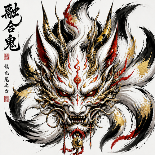 Fuse Oni, loung dragon,9 tail fox into oni style mask that has all the best appearance from Fuse Oni, loung dragon,9 tail fox. Only show final product. Colors white,gold,red,black