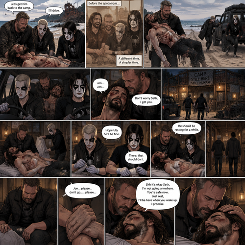 Part 3 of the apocalypse story.Jon Moxley,Darby Allin and Steven Borden (Sting’s son) Found Seth Rollins unconscious and badly injured on the beach while reminiscing about the time before the apocalypse.They had no idea what happened to him.Seth’s breathing was a bit shallow. “Let’s get him back to the camp” Said Jon. “I’ll Drive” Said Darby. Darby and Steven ran to the car,Jon lifted Seth in his arms and followed behind.Darby got in the driver’s seat,Steven got in the passenger seat and Jon got in the back while holding Seth,They drove to the camp,Then….Seth started saying Jon’s name in his unconsciousness,”Jon…Jon”,Jon held Seth tightly. “Don’t worry Seth,I got you” Jon whispered.They arrived at the camp,They got out and ran inside.Darby cleared a bed,Jon gently put Seth on it.Steven gets the medical kit while Darby Cleans Seth’s wounds,After Darby was done Steven bandaged Seth’s wounds. “There,that should do it” Said Steven. “Hopefully he’ll be fine” Said Darby. Jon gently stroked Seth’s head. “He should be resting for a while” said Steven. Steven and Darby went to their rooms to sleep.Jon was as about to get up…but then he felt a hand gripping his wrist…Seth subconsciously gripped Jon’s wrist and spoke in his subconscious “Jon…please…don’t go….please”. He sounded vulnerable,Jon sat down by Seth’s side and gently stroked his head In a soothing manner. “Shh it’s okay Seth,I’m not going anywhere,You’re safe now,Just rest,I’ll be here when you wake up,I promise” Jon whispered