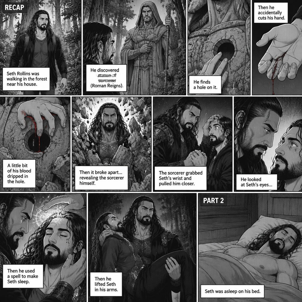 (Recap) Seth Rollins Was walking in the forest near his house,he discovered a statue of a sorcerer (Roman Reigns),he finds a hole on it,then he accidentally cuts his hand,A little bit of his blood dripped in the hole,then it broke apart…revealing the sorcerer himself,Seth was shocked,the sorcerer grabbed Seth’s wrist and pulled him closer,He looked at Seth’s eyes,then he used a spell to make Seth sleep,then he lifted Seth in his arms. (And now part 2). Seth was asleep on his bed
