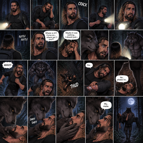 Seth Rollins was lost in the middle of the woods at night,The only this has right now is a backpack and a flashlight.He was about to take a break…then he heard something stepping on a twig.He looked around for the source pointing his flashlight,Then he heard something moving in the woods,He was looking frantically.He was about to give up….then he felt something breathing on him,his heart was beating loudly,He turned around slowly while pointing his flashlight…it was….A werewolf!!.Seth Yelled in fear and ran.The werewolf chased after him,It was gaining on Seth…but he wasn’t about to give up now..so he kept running.Seth was still running….then he tripped and rolled down a steep hill,He sprained his ankle on the way down…and then he hit his head at the bottom of the hill. “Ow” said Seth.He rolled on his back,His head and his ankle were hurting.The werewolf caught up to him. “No…please no” said Seth. The werewolf slowly walked up to him,Then it slowly got on top of him.he braced himself,He thought the werewolf was gonna eat him….But….it didn’t happen…instead…the werewolf leaned forward and sniffed him.The werewolf snapped his head up to look at Seth afterwards.The werewolf then gently placed his hand on Seth’s jaw making him look up at him.They stared into each others eyes,There was something…pulling them together,Then….the werewolf spoke “My..mate”.Seth was caught off guard by what the werewolf just said,Then the werewolf lifted him in his arms and walked into the woods.End of part 1