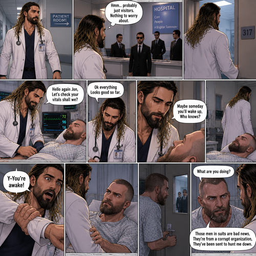 Seth Rollins is a Doctor. He had been looking after a patient (Jon Moxley) who had been in a coma for two years. One day he was walking to Jon’s room,Then he saw men in suits at the front desk. He thought nothing of it and kept walking. He entered Jon’s room. “Hello again Jon,Let’s check your vitals shall we?” Said Seth. He checks Jon’s vitals. “Ok everything Looks good so far” said Seth. He looked at Jon’s face. “Maybe someday you’ll wake up,Who knows?” Said Seth. He got up to leave the room….But a hand grabbed a hold of his wrist. Seth gasped. It was Jon,He’s wide awake and Looking at Seth. “Y-You’re awake” Said Seth. Then Jon carefully got up,Looked out the door and noticed the men in suits. His eyes widened and he shut the door and locked it. “What are you doing?” Seth asked. Jon spoke for the first time since the coma “Those men in suits are bad news,They’re from a corrupt organization,They’ve been sent to hunt me down”