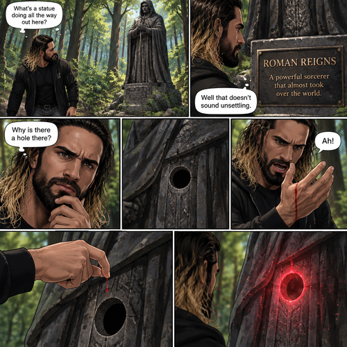 Seth Rollins was walking in the woods near his house,Then…he discovered an old statue Of a man in a cloak (Roman Reigns). “What’s a statue doing all the way out here?” Seth asked himself. He looks at the nameplate “Roman Reigns,A powerful sorcerer that almost took over the world”. “Well that doesn’t sound unsettling” Seth said to himself sarcastically. Then he noticed a hole on the statue. “Why is there a hole there?” Seth asked himself. Then….Seth somehow accidentally cut his hand. A little bit of his blood dripped into the hole,Then…..the hole started glowing