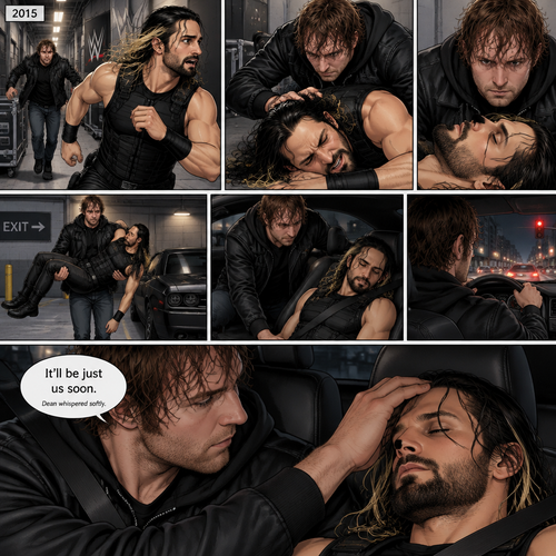 It’s the year 2015,Seth Rollins was being chased backstage by Dean Ambrose. Seth was running to his car,but before he could get there Dean tackled him. Seth struggled. Dean knocked him out. He lifted Seth in his arms and walked to his car. He put Seth in the passenger seat. He gets in his car and drove away. After a while he stopped at a red light. He looked at the unconscious Seth. He gently brushed Seth’s hair off his face. “It’ll be just us soon” Dean Whispered softly